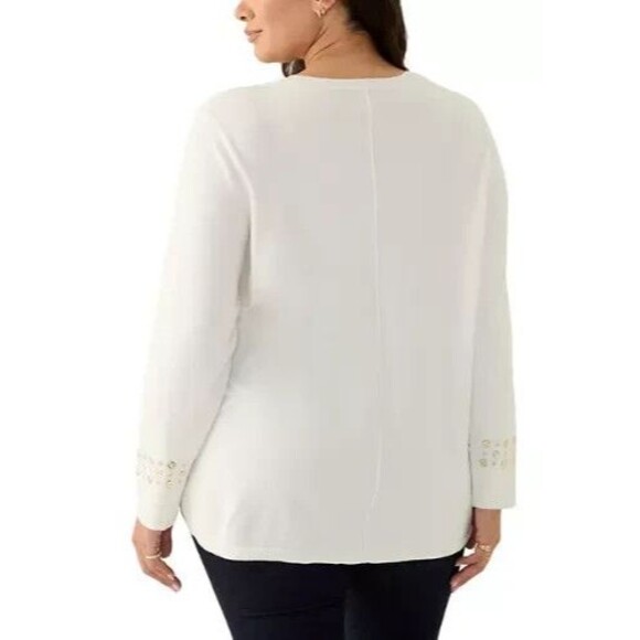 Ruby Rd. Women's Plus Size Grommet Embellished Fine Gauge Sweater Ivory Gold 3X - Picture 3 of 6
